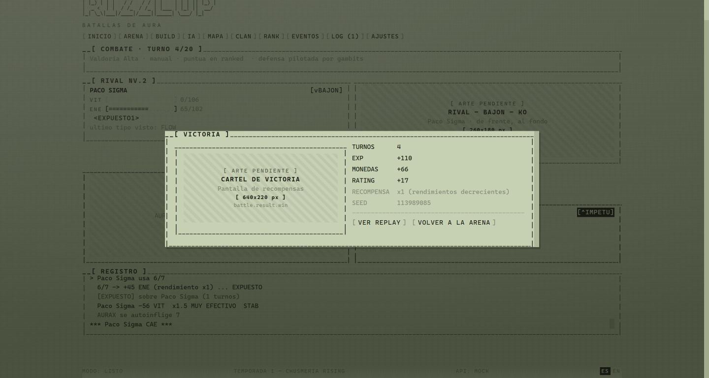 Pantalla de resultado de un combate, con el desenlace y el cambio de rating.